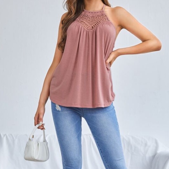 Boho Pink Cutout Detail Tie Back Halter Tank Top - Picture 3 of 6